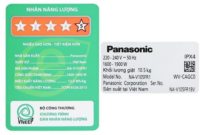 Máy giặt Panasonic Inverter giặt 10.5 kg sấy 2 kg NA-V105FR1BV